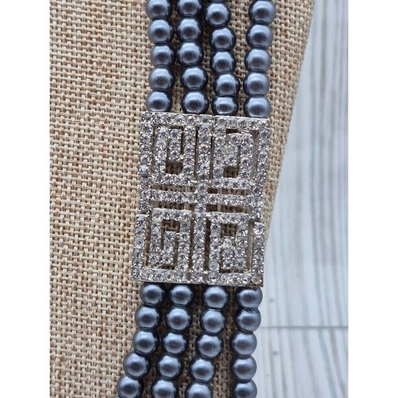 NWT Dark Gray Faux Pearl Mutli Strand Bead Necklace Long Layered Crystal Accent - Picture 5 of 8